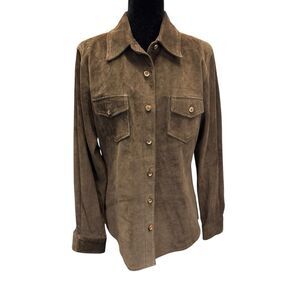 GAP Genuine Leather Suede Shirt Jacket Brown Button Front Utility Pockets sz L